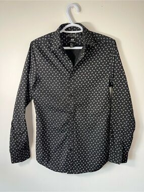 H&M Men’s Black with White Print Long-Sleeve Button Down Shirt Size XS Slim Fit